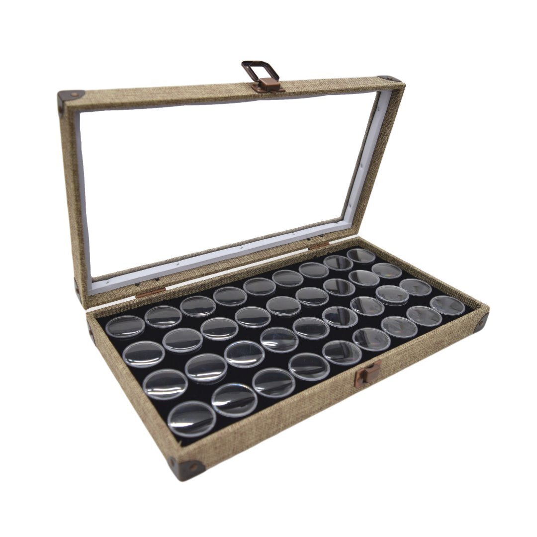 Novel Box Glass Top Burlap Clasp Jewelry Gem Display Case With Gem Jar Insert