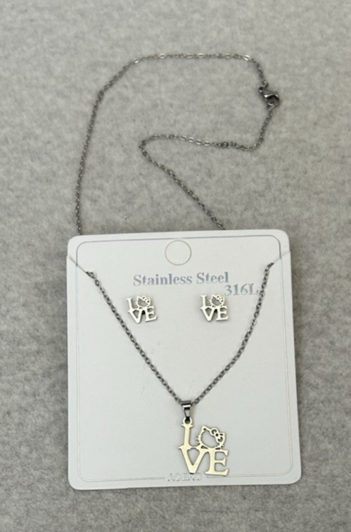 Set of Hello Kitty Love Inspired Necklace Silver Stainless Steel 17 ” & Earrings