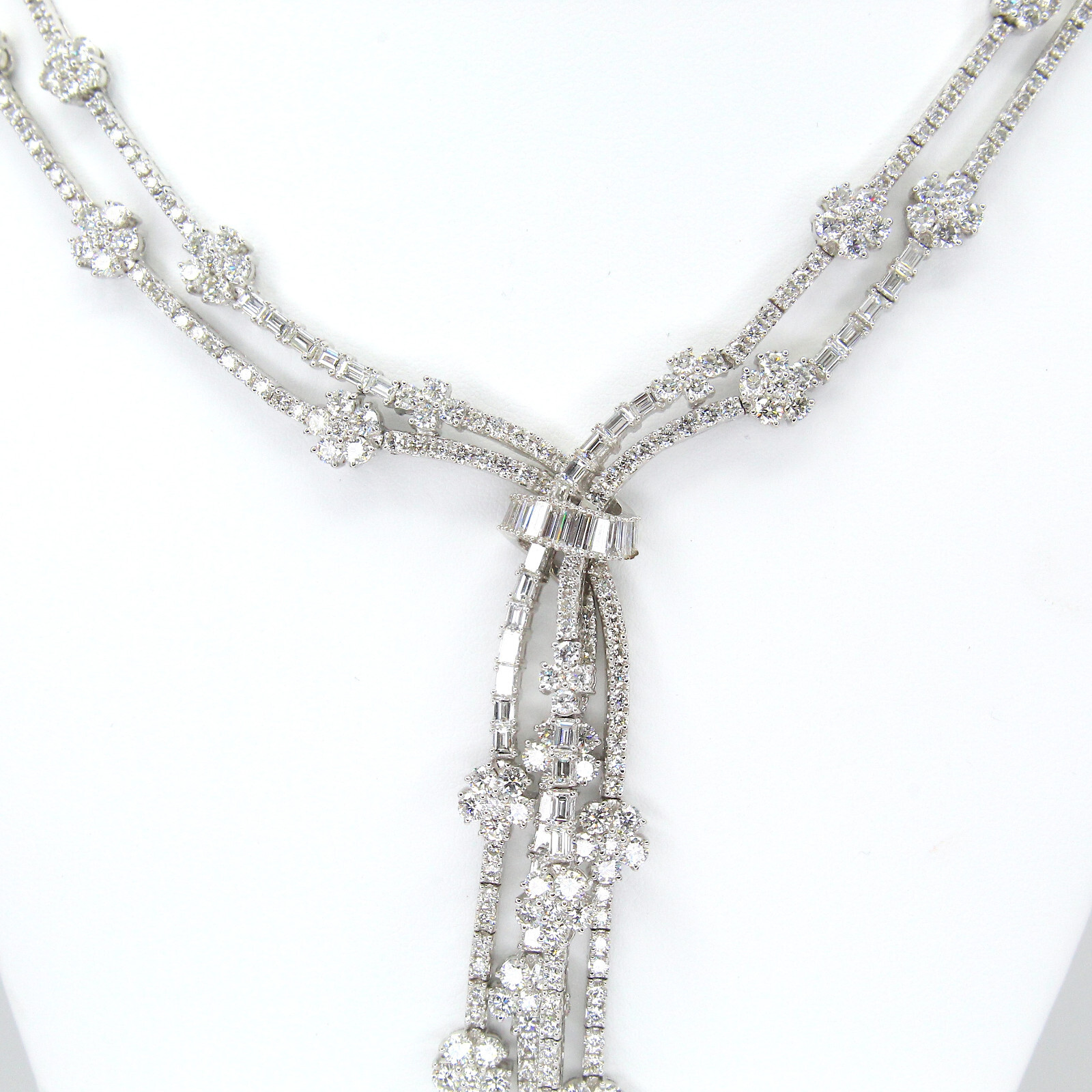 20.00 CT Diamond Two Row Floral Line Drop Necklace 18K White Gold Natural