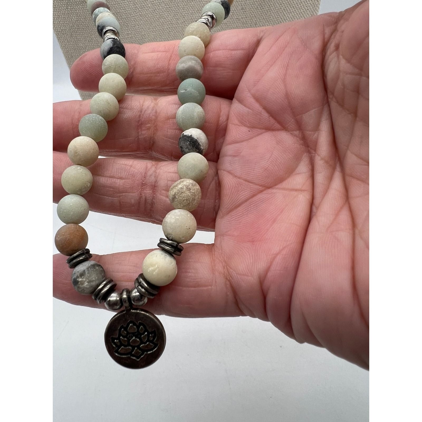 Amazonite Stone Beaded Lotus Necklace Boho Zen Spiritual Minimalist Blue