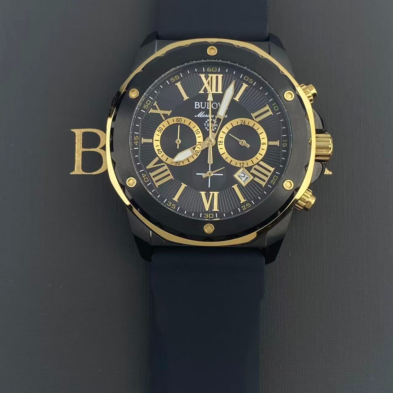 New Bulova Marine Star -98B278- Men’s Chronograph Quartz Watch Black Dial 44 mm