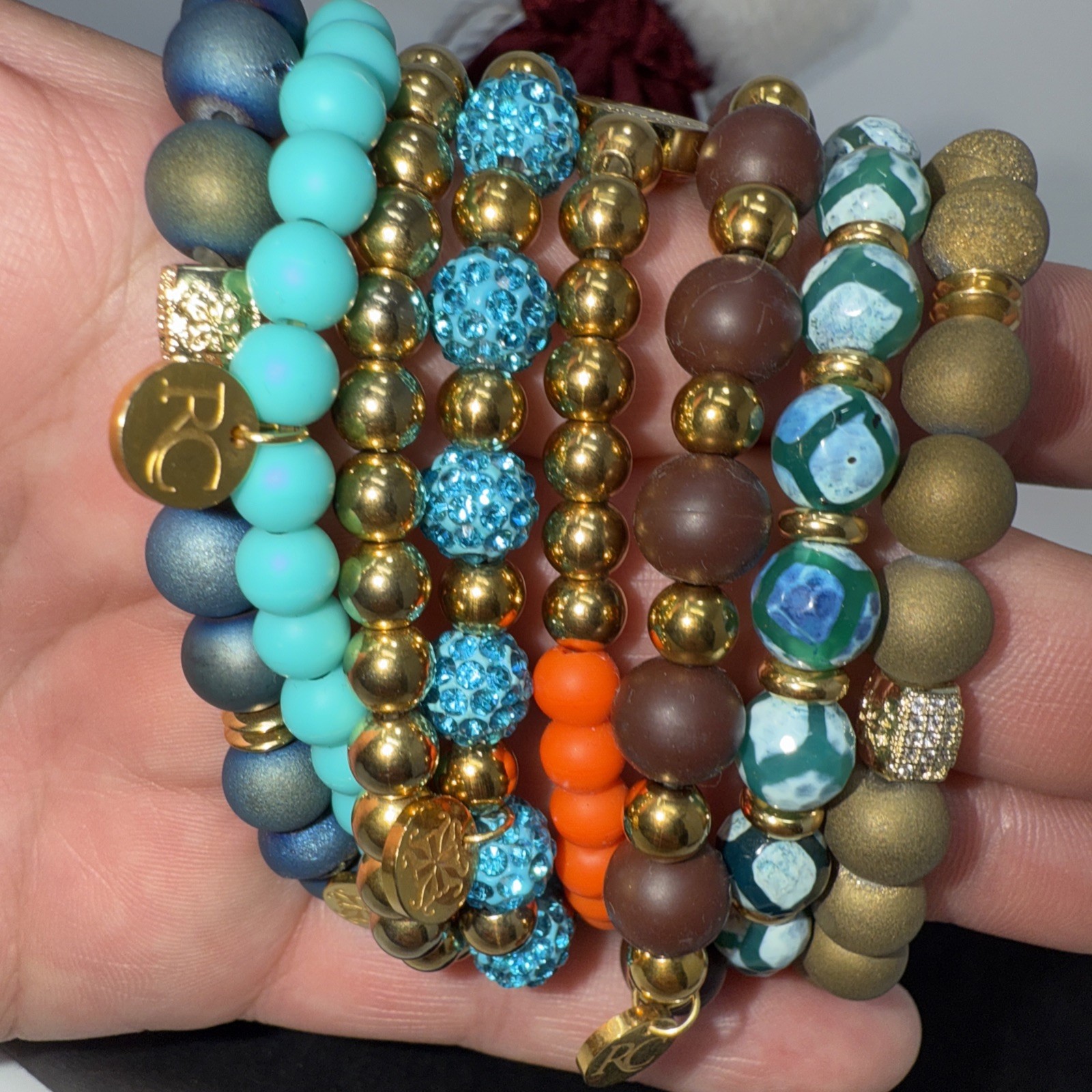 Rustic Cuff Bracelet Set Beaded Charm Stretch Colorful Gold Tone Multicolor Lot