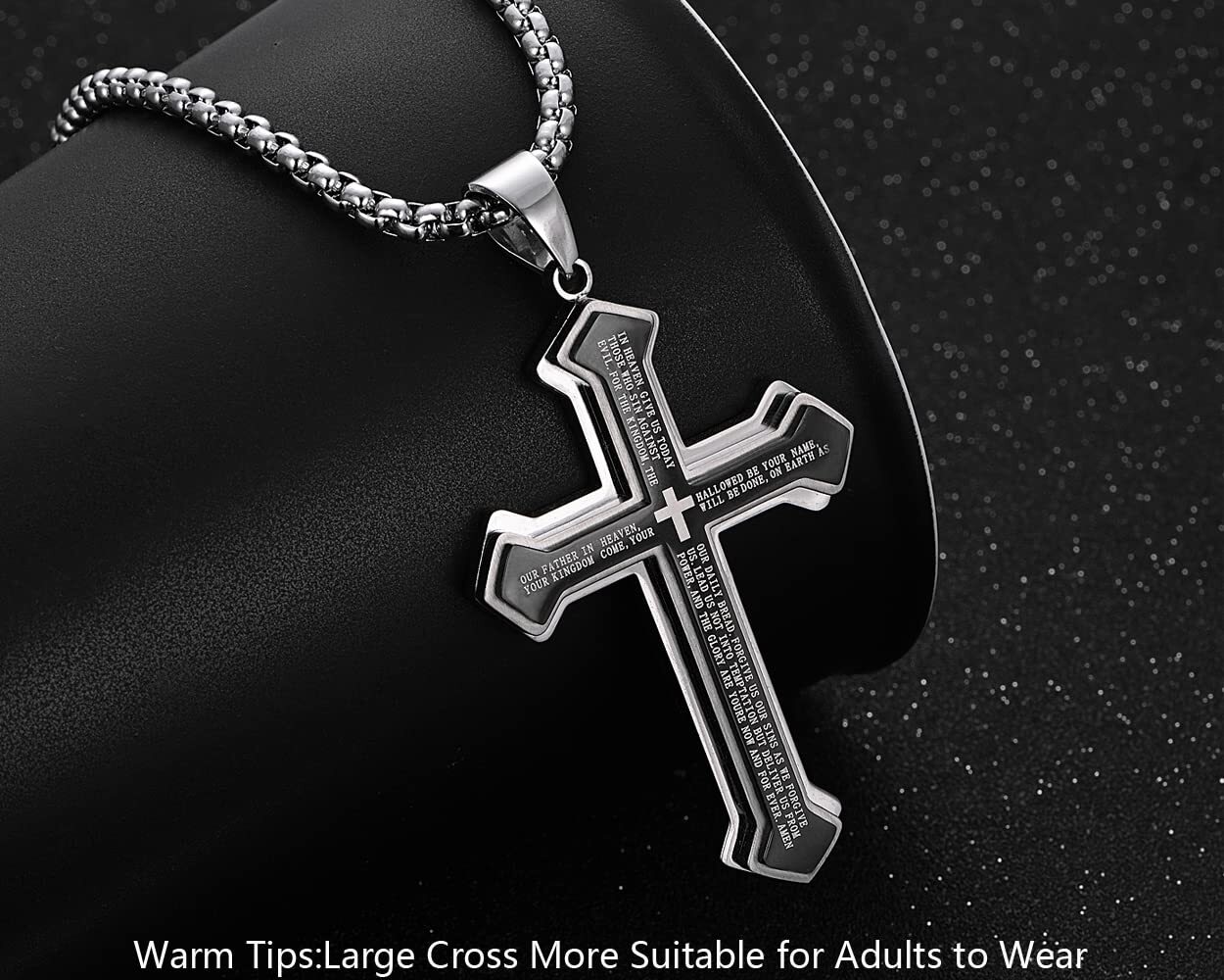 Mens Cross Necklace Silver Stainless Steel Lord’s Prayer Big Pendant Rolo Chain