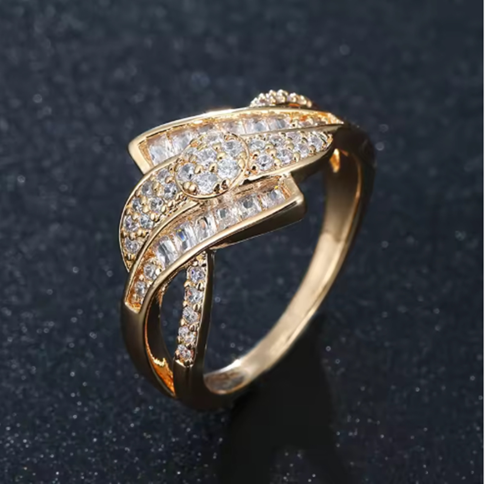 Wave Design Ring 14K Gold Plated Baguette & Round Stone Statement Ring Gift Her