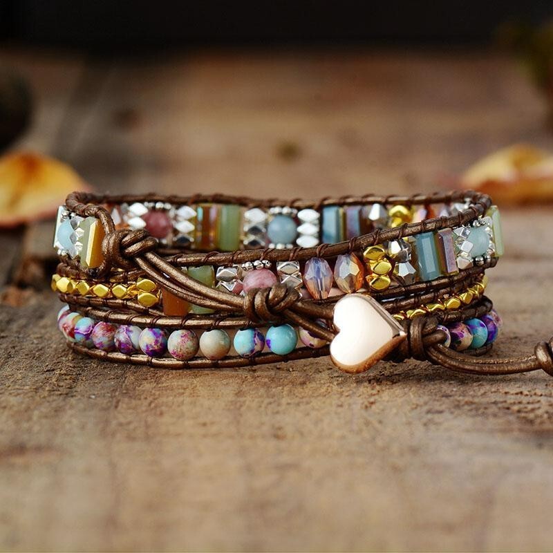 Boho Wrap Bracelet Colorful Vintage Sea Sediment Braid Healing Crystals Handmade