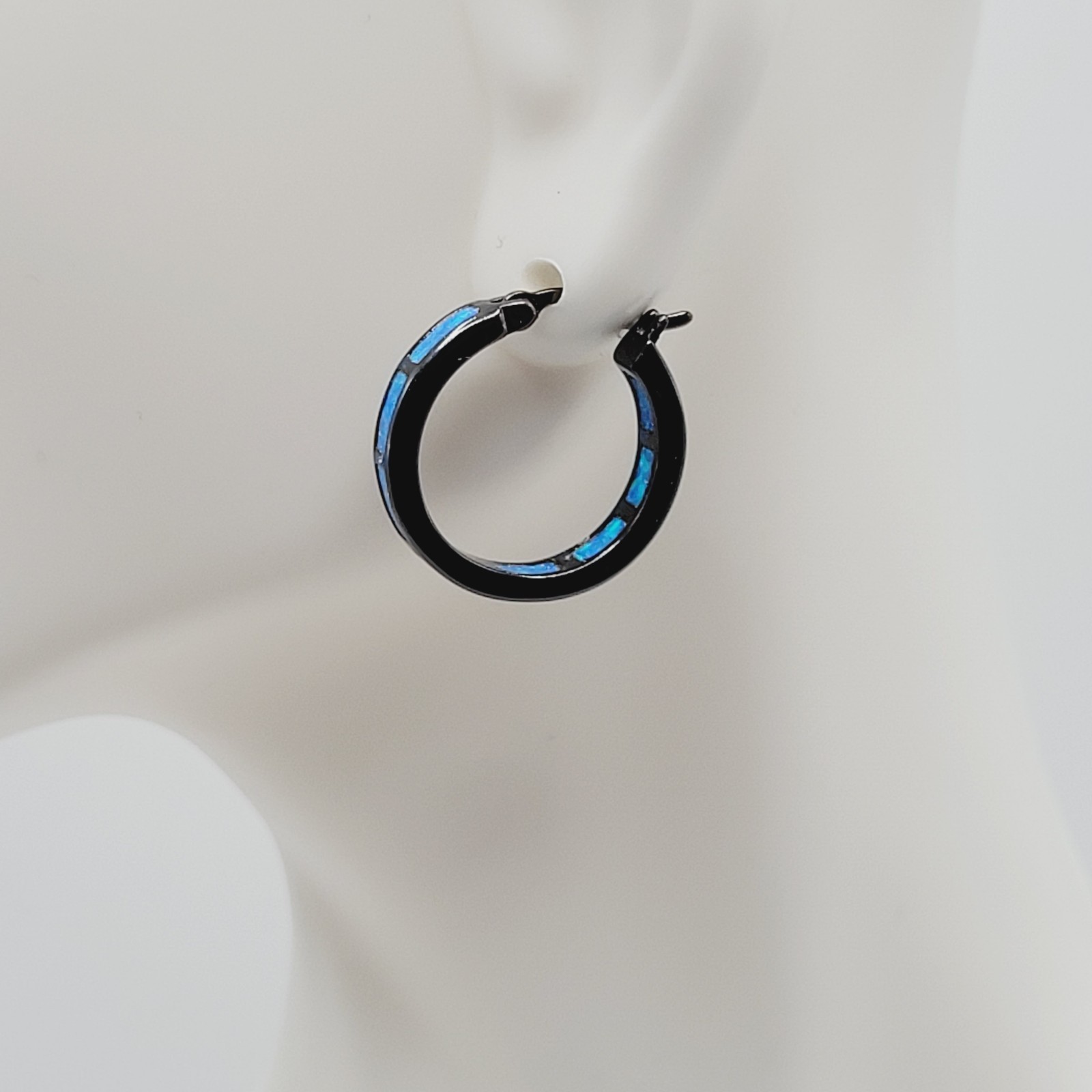 Blue Shade Opal Lab Created Inlay Dark Gunmetal Tone Small Hoop Pierced Earrings