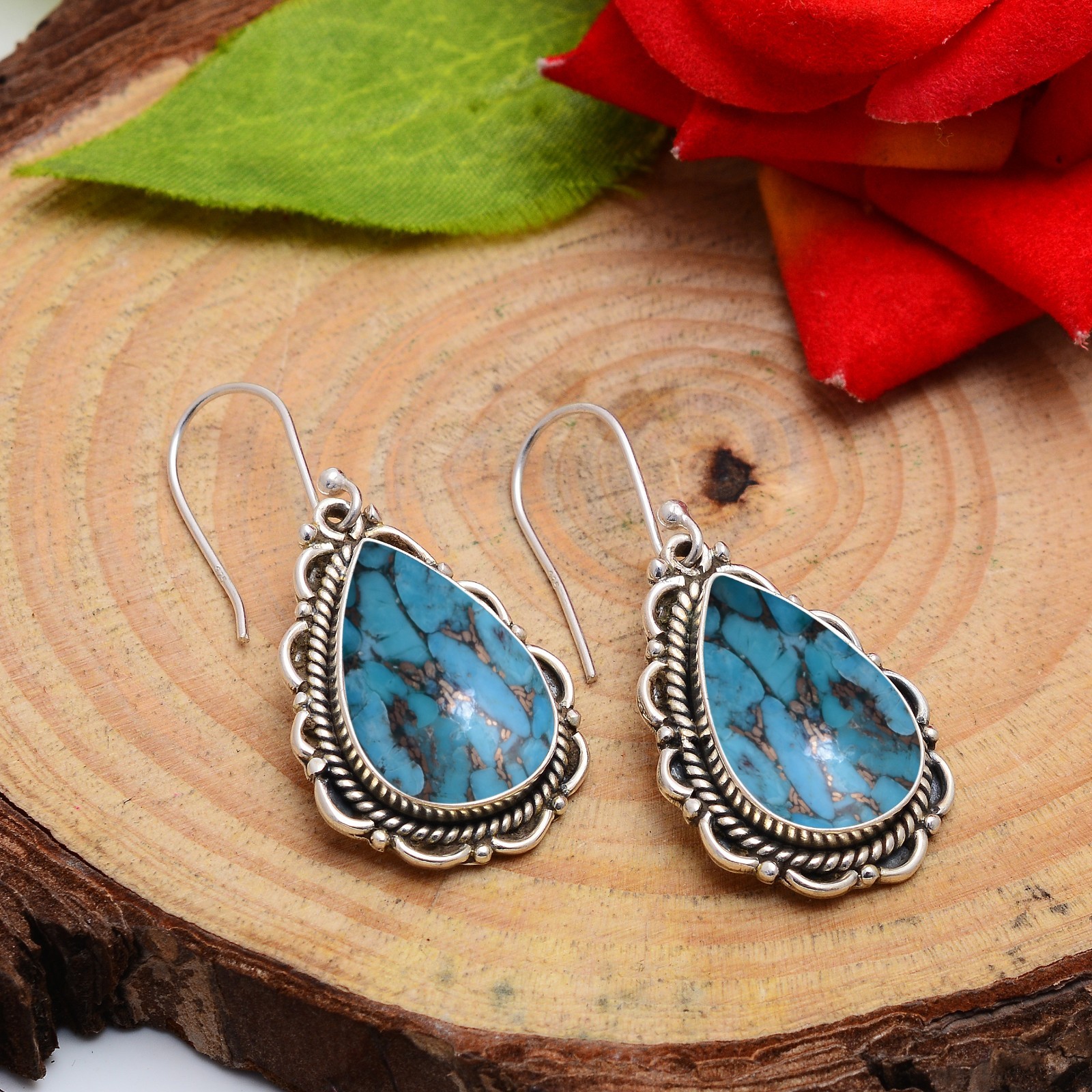 Turquoise Blue Copper Sterling Silver Earring For Women Unique Artisan Jewelry