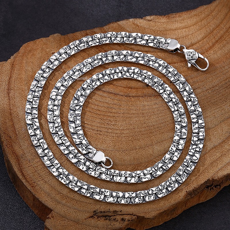 Real S925 Sterling Silver Necklace Women Men 5mm Hammer Pattern Curb Chain Link