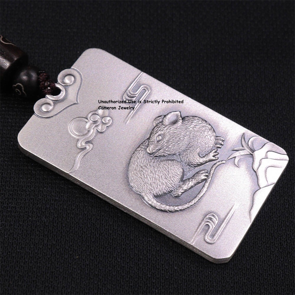 Pure S999 Fine Silver 999 Men Women Zodiac Mouse Oblong Pendant 29-30g 44*27mm