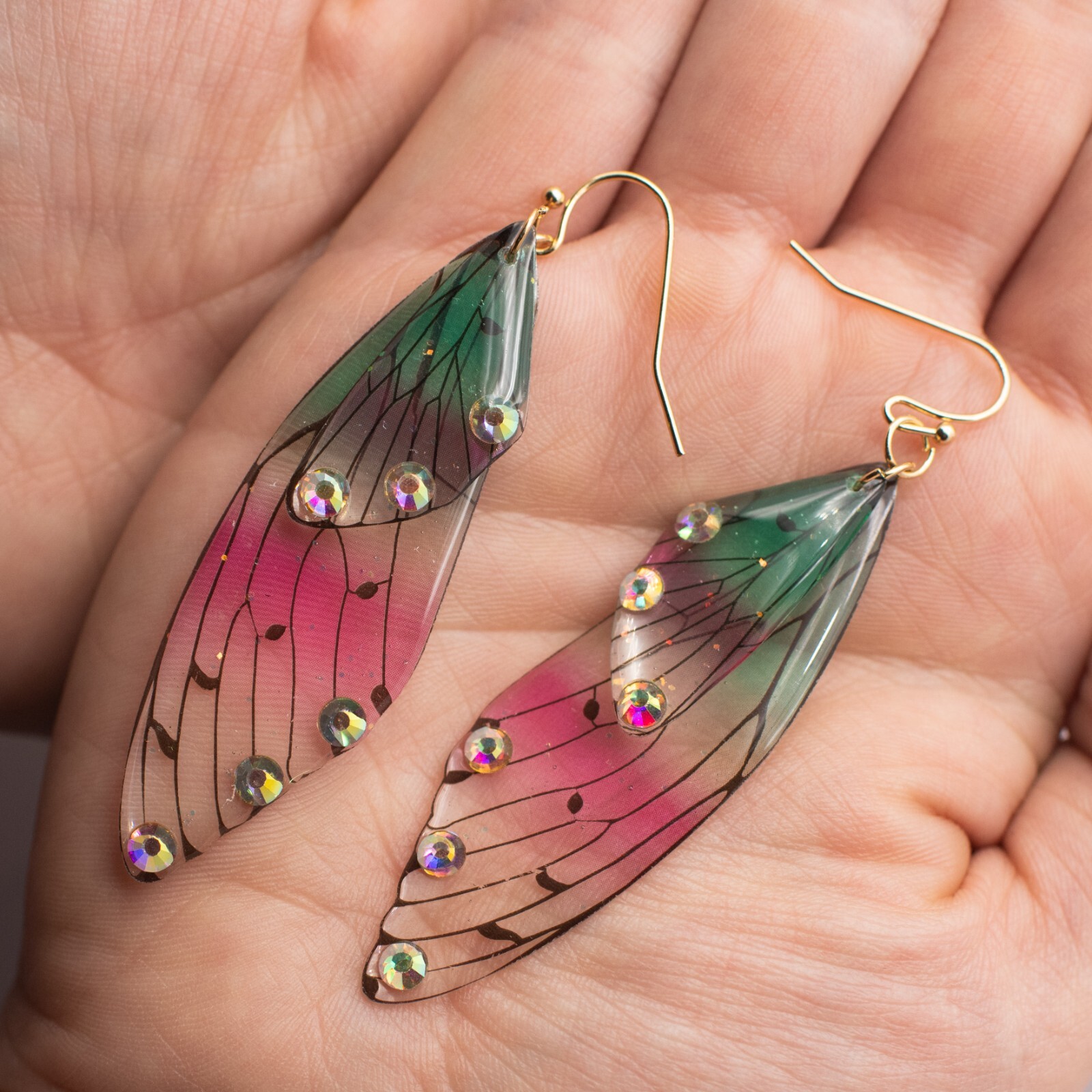 Green and Red Humingbird Wing Dangle Earrings – Radiant Colorful Beautiful