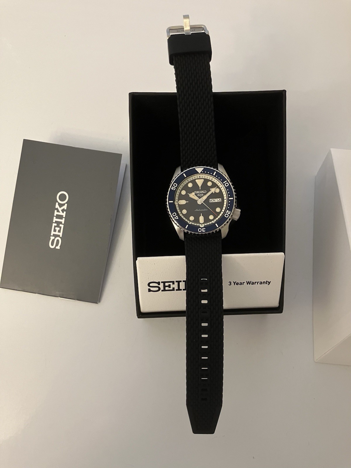 Seiko 5 Sports Sunray Blue Men’s Watch, Silicone Strap, Exhibition 4R36A Caliber
