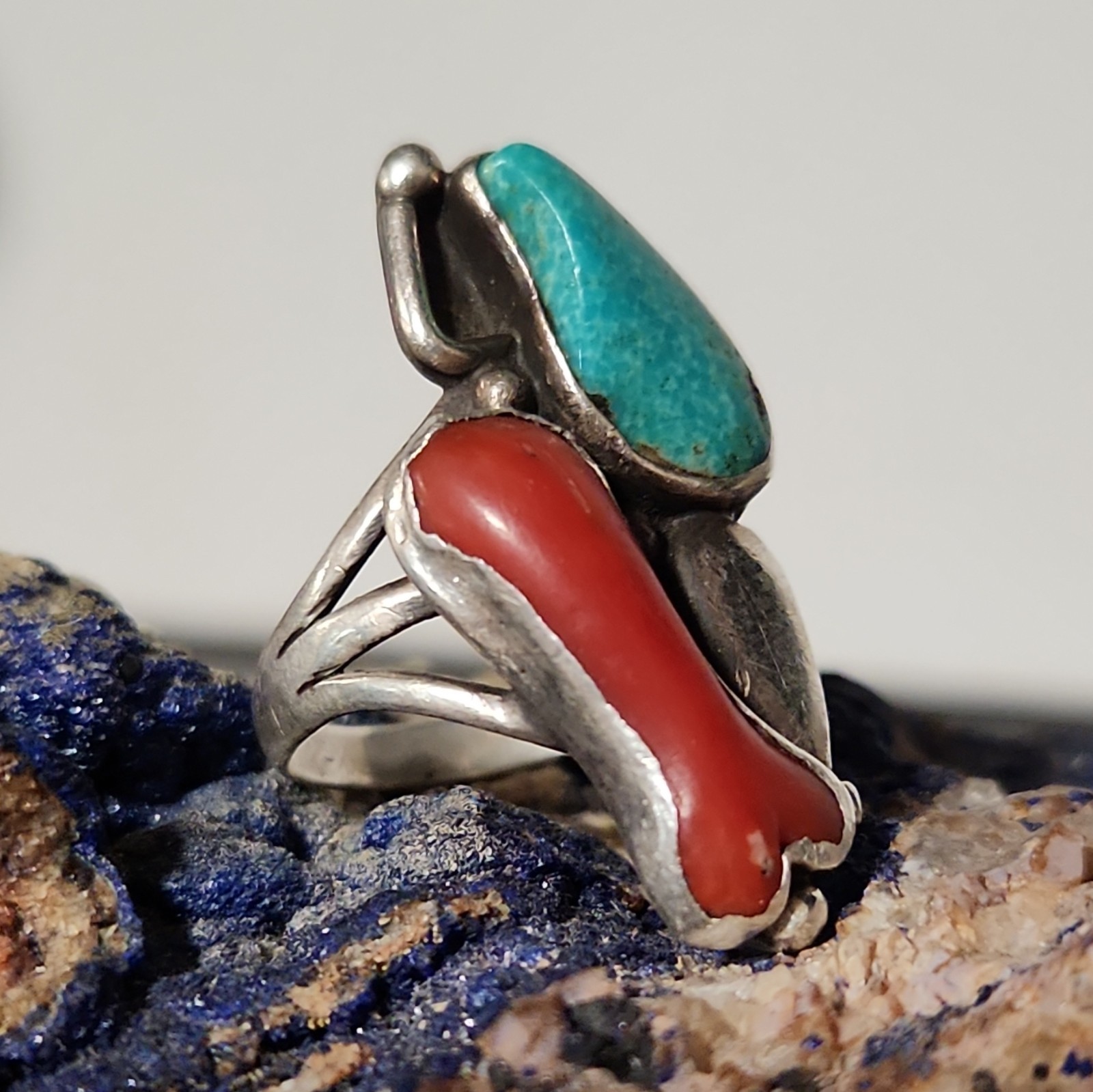 David Taliman Lone Mountain Turquoise Red Coral SS .925 S7-7.5 Azurite Specimen