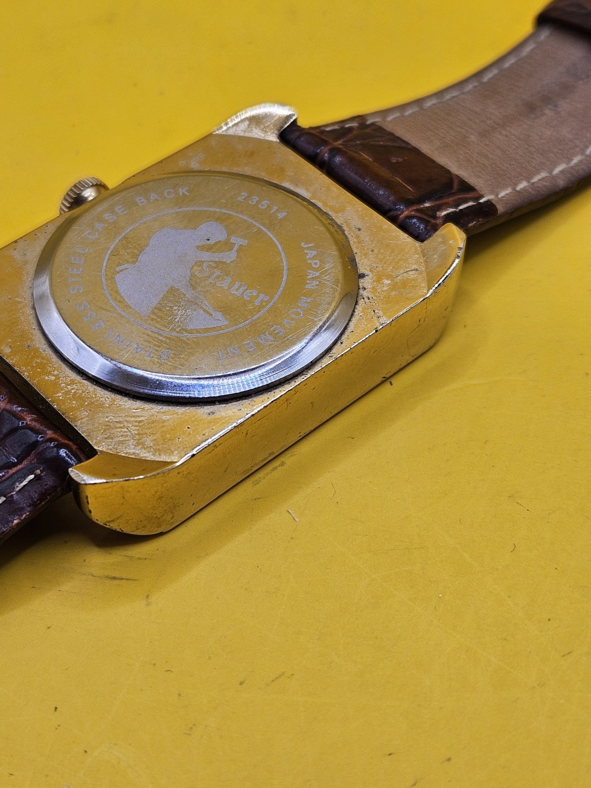 Stauer Moon Phase Quartz Day Date Watch Brown Leather Strap Gold Tone Non Work