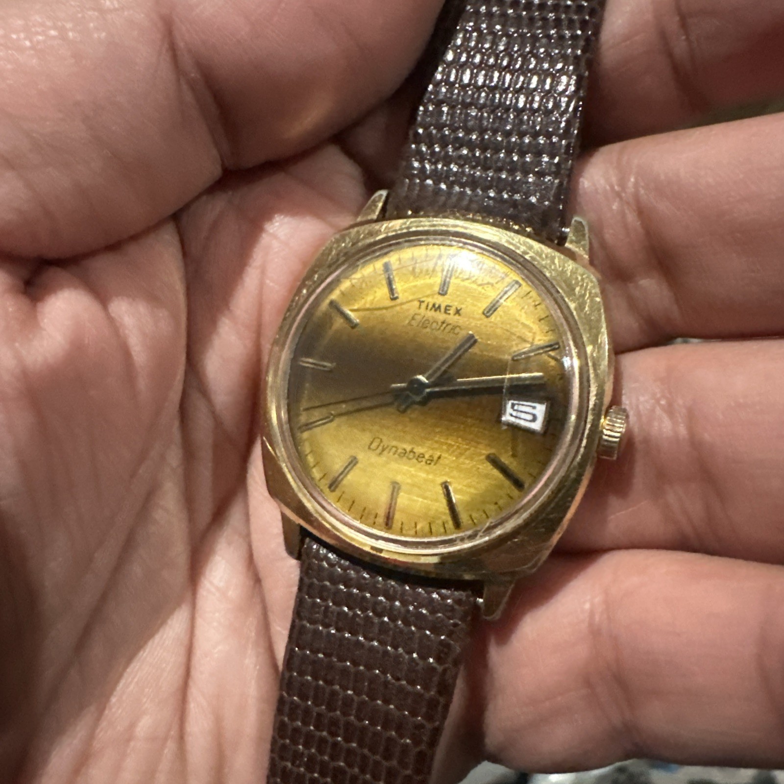Works VTG Timex Electric Dynabeat Sunburst Mens Watch Gold Stuller Strap 34mm 7”