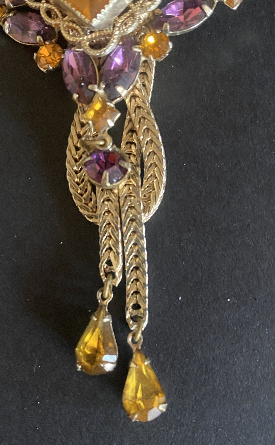 Fixed-Pendant Lariat Necklace Faux Citrine & Amethyst Herringbone Chain ’70s VTG