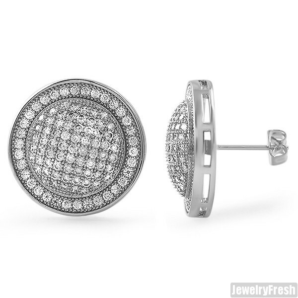 Jumbo CZ Domed Large Silver Mens Stud Earrings