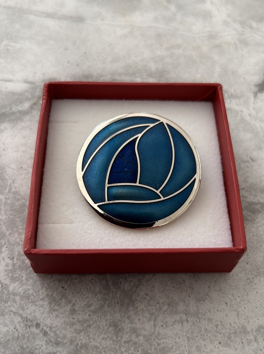 Signed SEA GEMS Blue Enamelled 42mm Round Rennie Mackintosh Rose style Brooch
