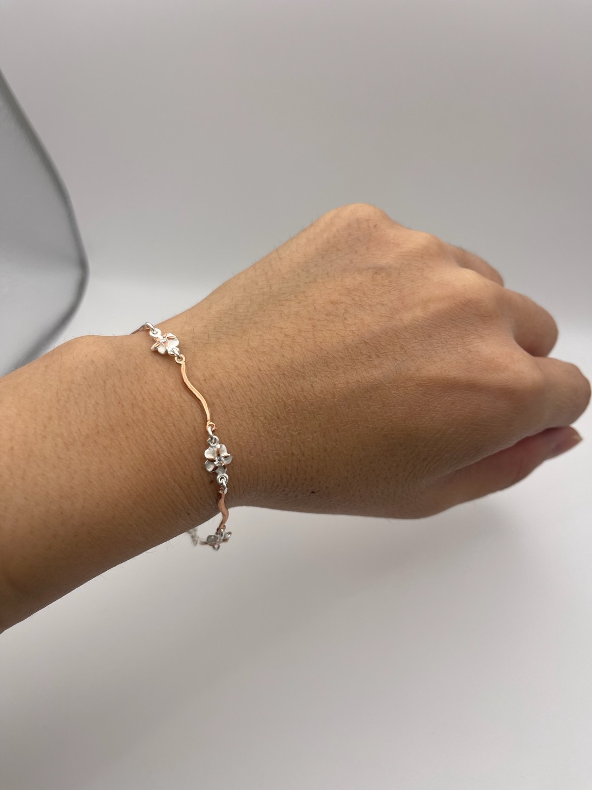 Aloha Wave Blossom Bracelet 925 Rose Tone Plumeria Flower Links Free Shipping
