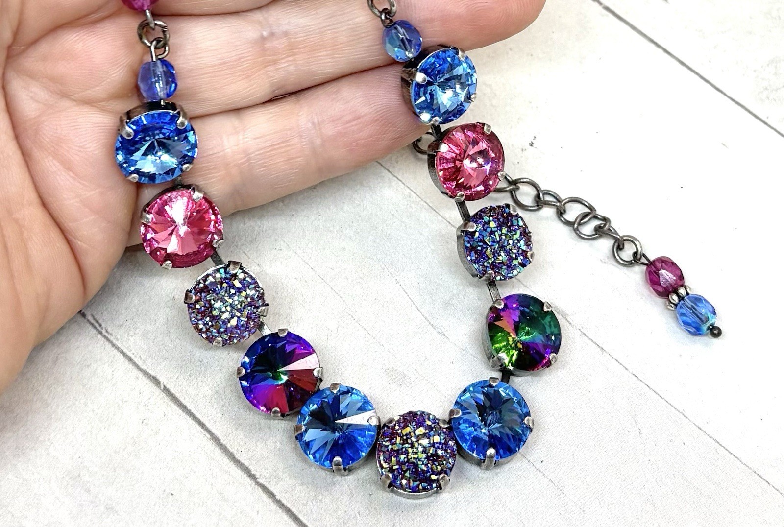12mm Antique Silver Plated Ice Blue And Pink Druzy Cup Chain Statement Necklace