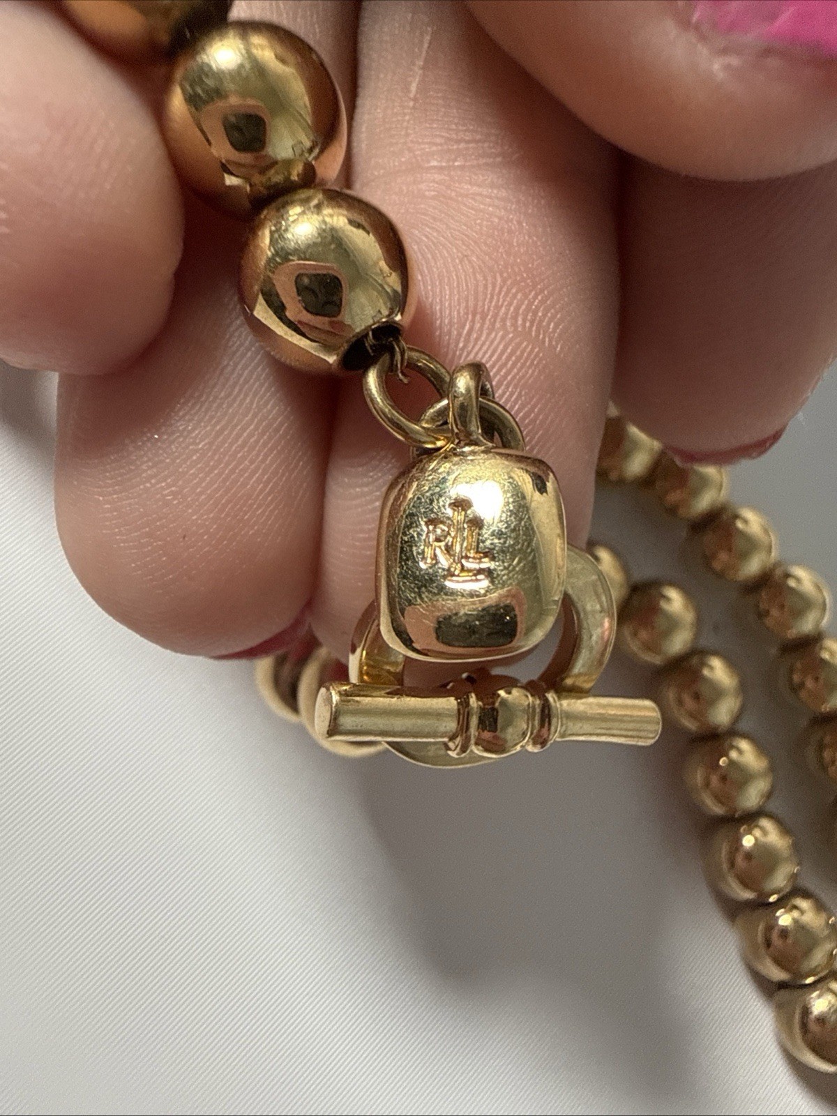 Lauren Ralph Lauren RL Gold Tone Ball Bead Toggle Necklace Classic Statement 18”