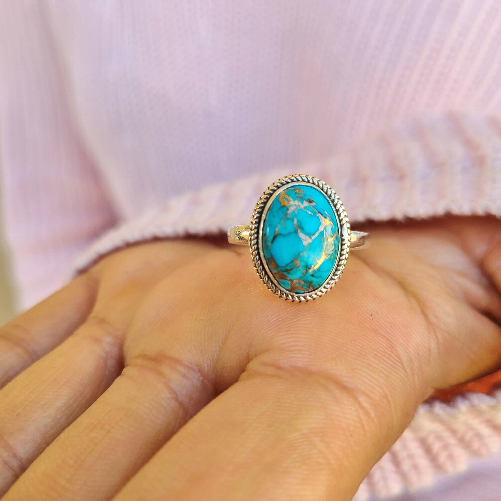 Genuine Copper Turquoise Ring 925 Sterling Silver Ring Hand Made Ships From USA