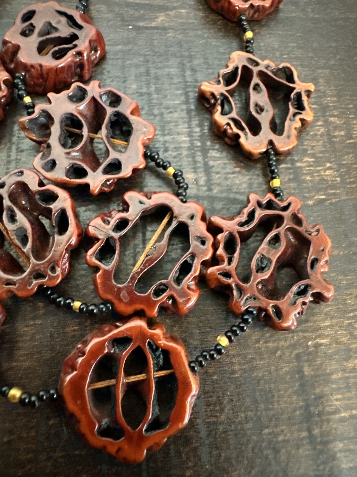 Vtg Handcrafted Black Walnut Slice Necklace – Long 46″ Boho Carved Wood Beads