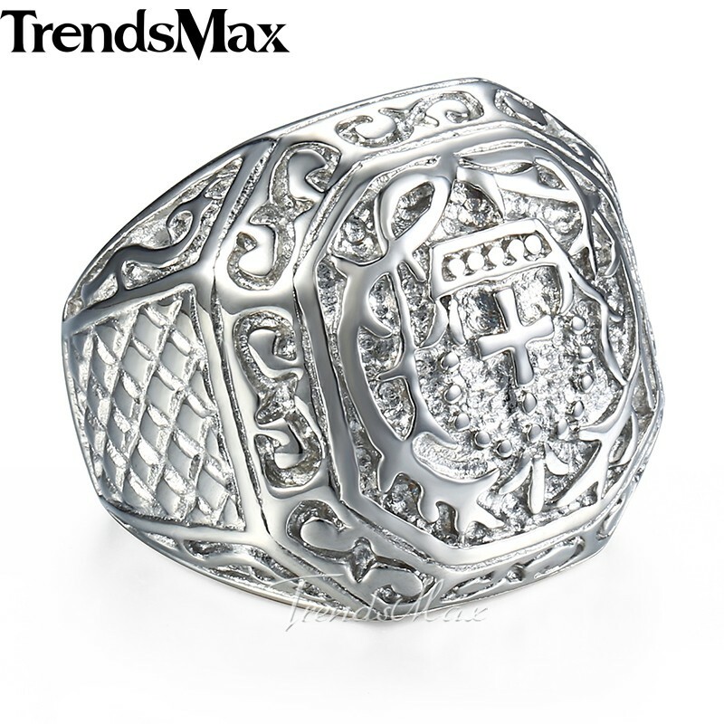 Mens Boys 8-13 Cross Crown Silver 316L Stainless Steel Ring Knight Signet Gift