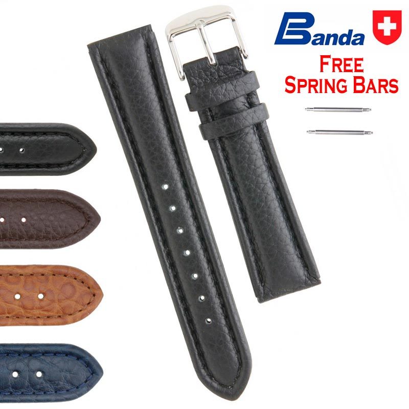 Banda Premium Grade Calfskin Buffalo Grain Leather Watch Bands (Sizes 16 – 24mm)