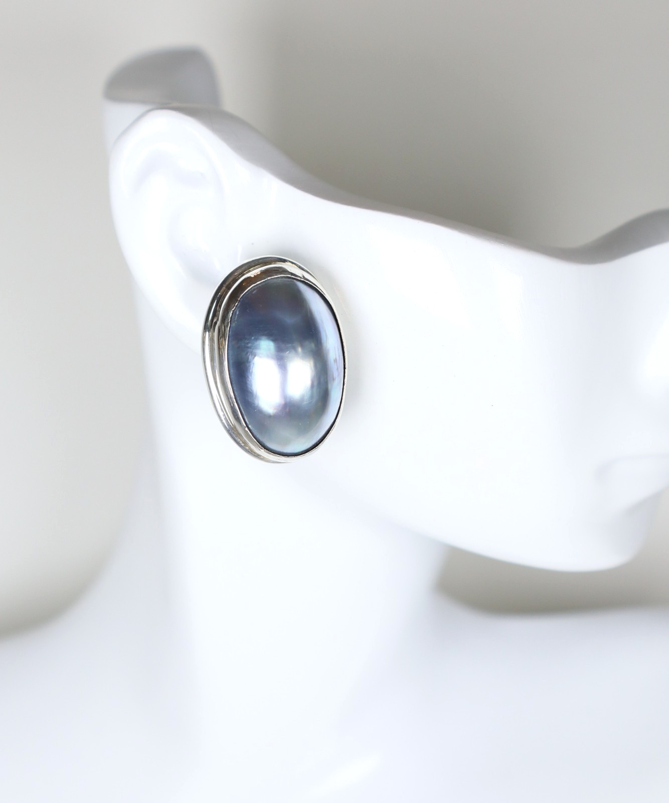 Vintage Blue Mabe Pearl 925 Sterling Silver Stud Post Earrings Large Oval Shape