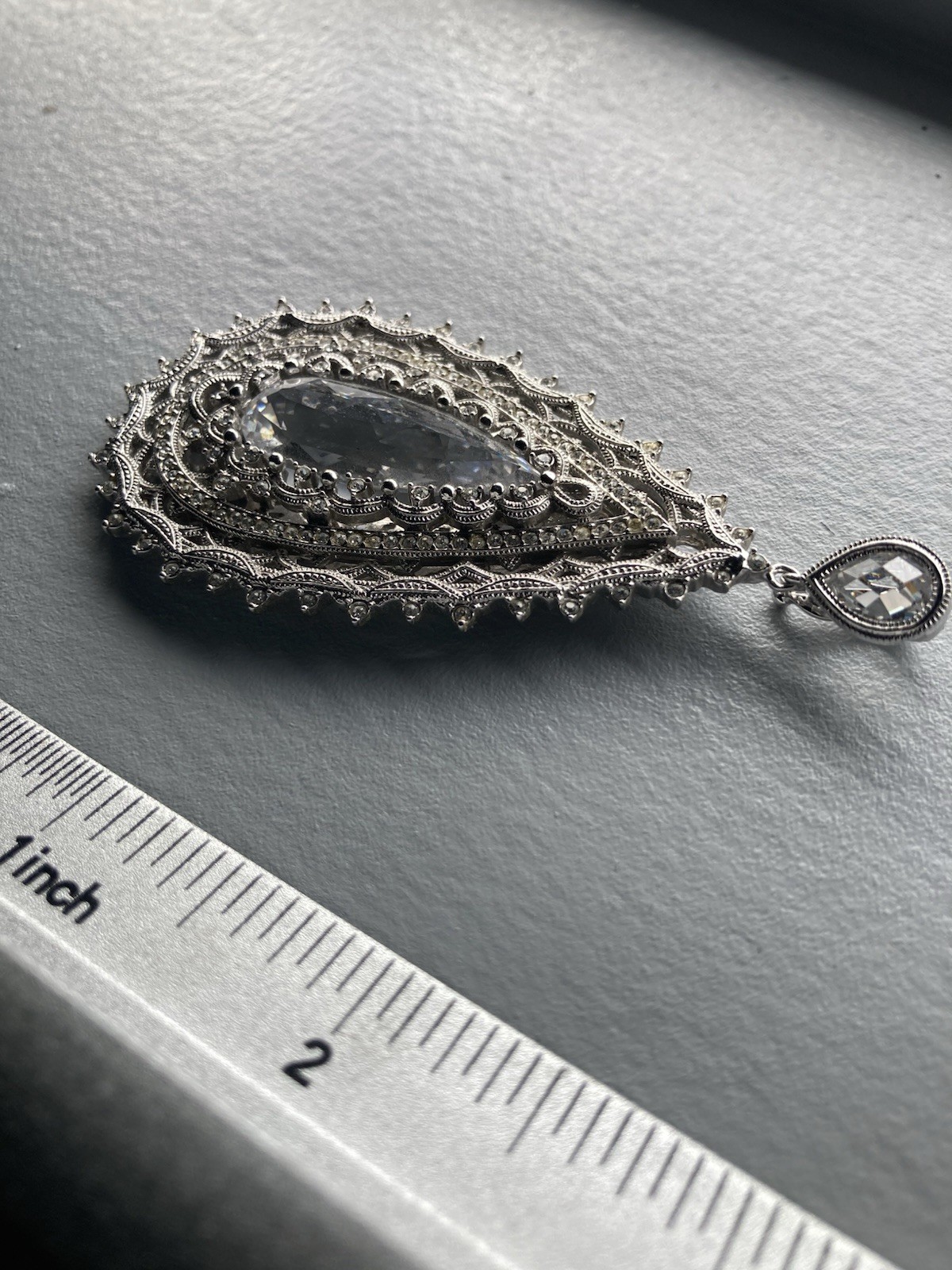 Big, Ornate Wedding Cocktail Party Teardrop Silver Pendant. Gem. Clip Bale.