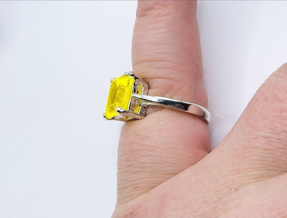 Sterling YAG Ring UV Yellow Yttrium Aluminum Garnet Emerald Cut Solitaire 925