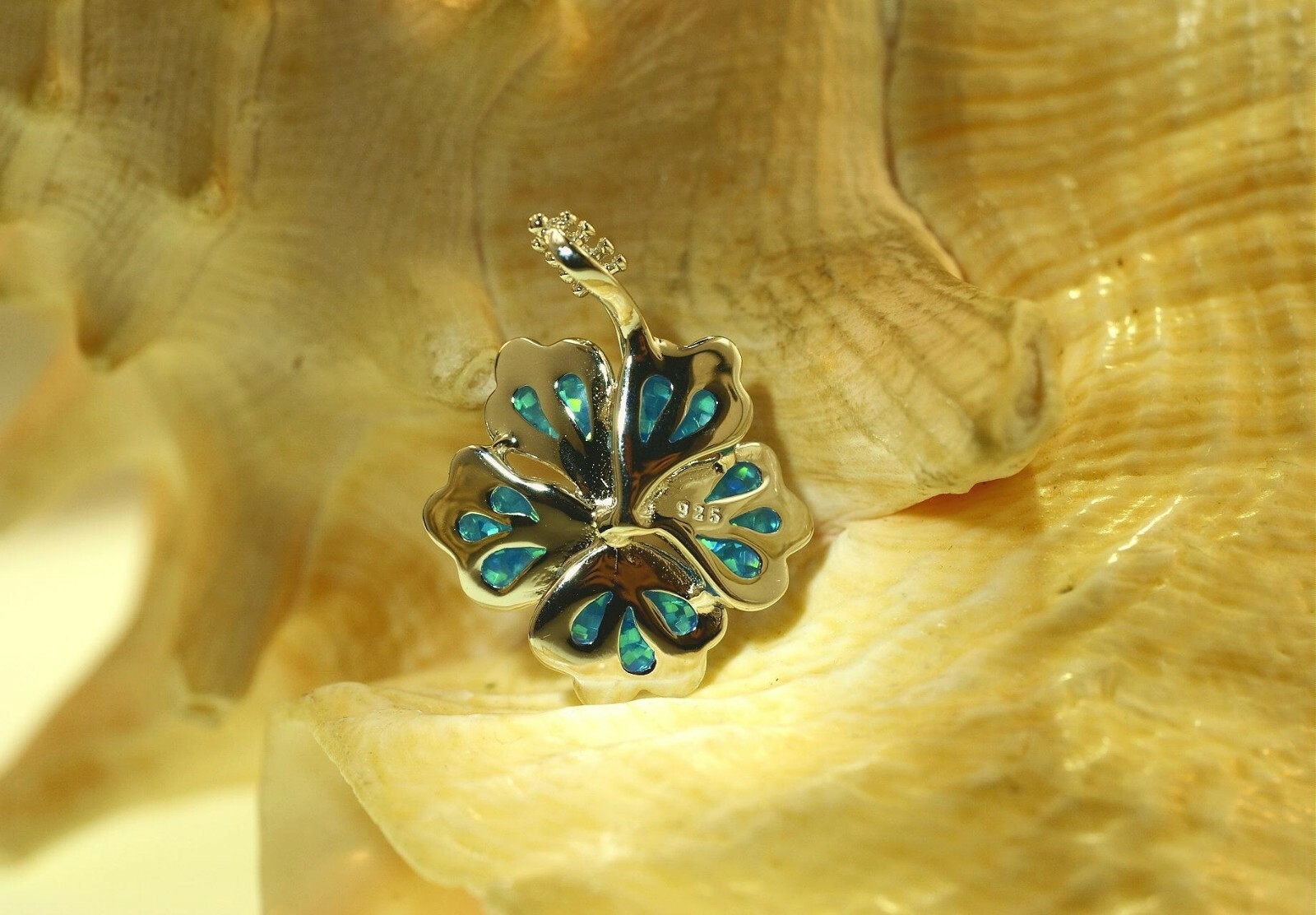 22.5MM RHODIUM 925 STER SILVER INLAID BLUE OPAL HAWAIIAN HIBISCUS SLIDE PENDANT