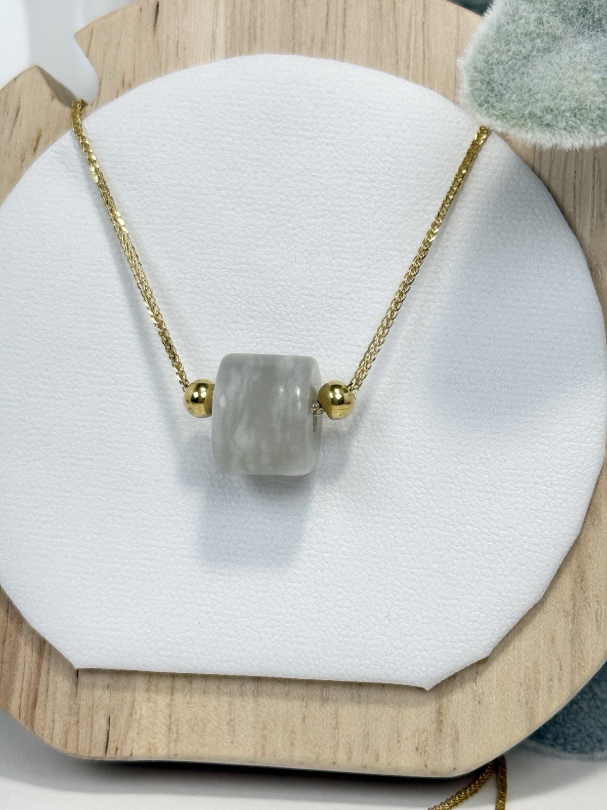 Hetian Jade Gray/White Banding Pendant Necklace 9.8/12.4MM 18IN Gold S925 Chain