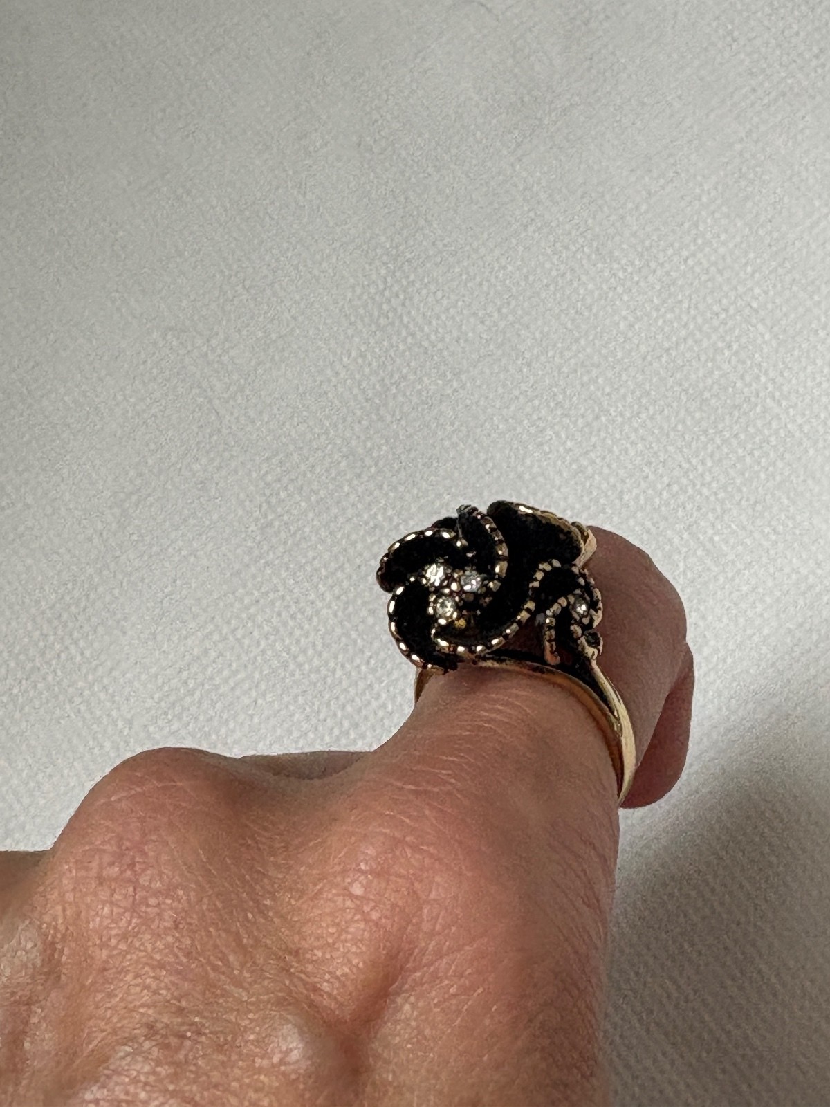 Vintage Gold-Tone Swirling Ring with Black Enamel and Clear Rhinestones, Gift-Ed