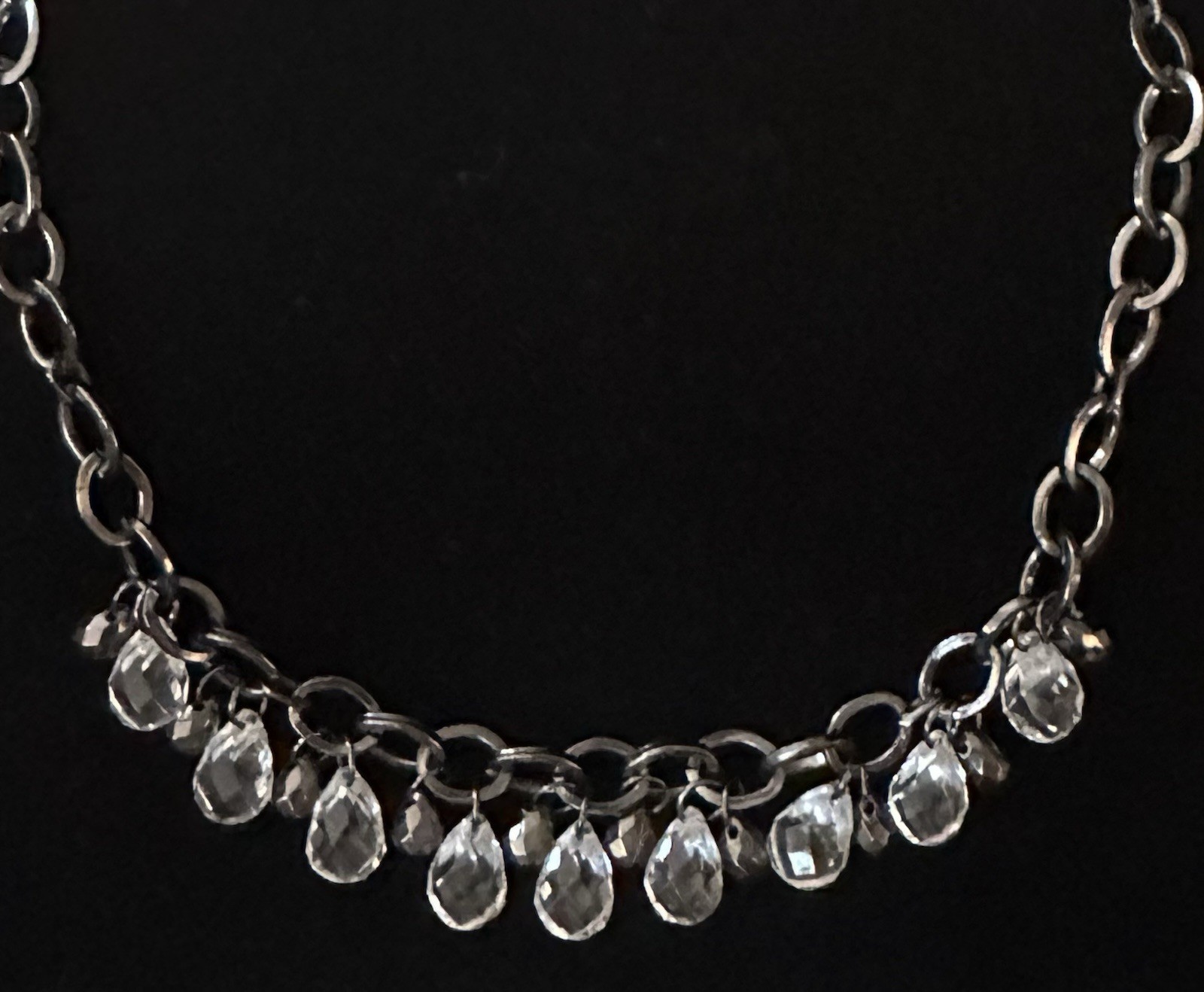 Crystal Teardrop Necklace Dangle Chain 18” Gun Metal Tone Chain Statement Chic