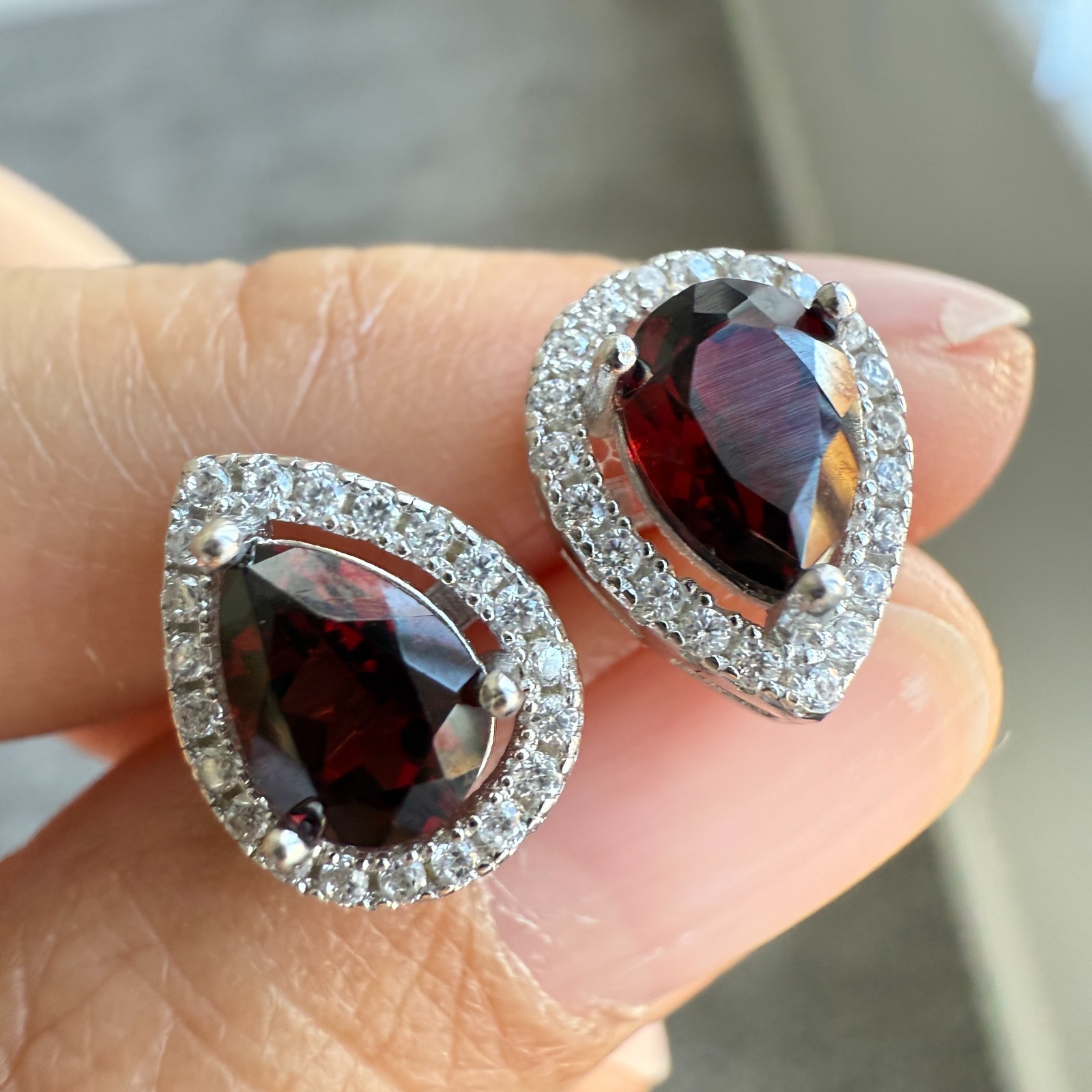 925 Sterling Silver Earrings 7x5mm Rhodolite Garnet Zircon Teardrop Handmade Red