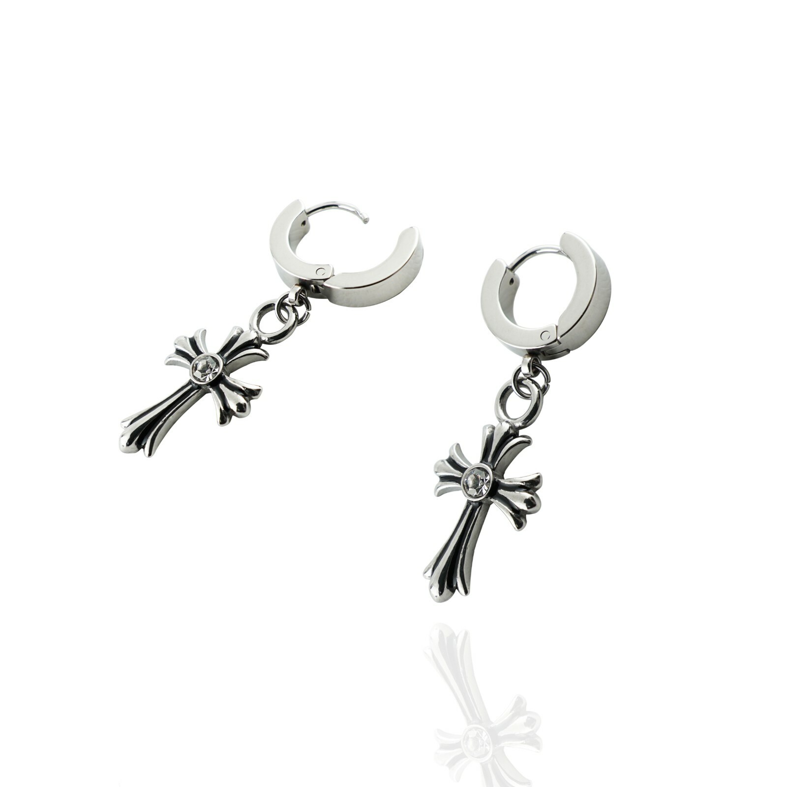 Stainless Steel Chrome CZ CH Cross Circle Huggie Hoop Dangle Drop Stud Earrings