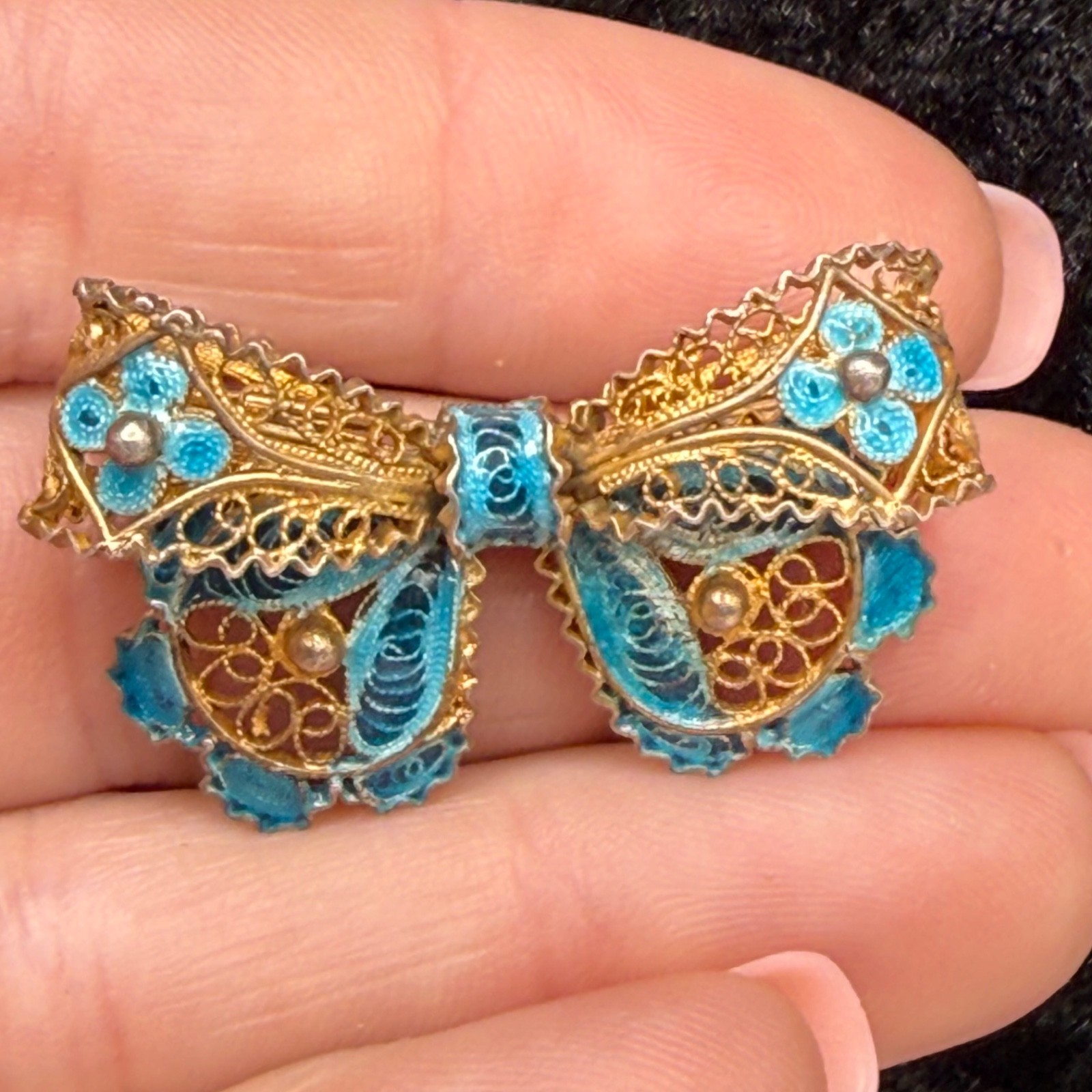 Vintage Chinese Export Brooch Bow 800 Silver Enamel Blue