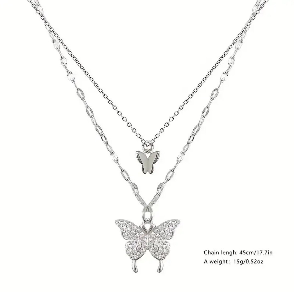 Sparkling Double Layer Butterfly Pendant Necklace Clavicle Chain Jewelry Fashion