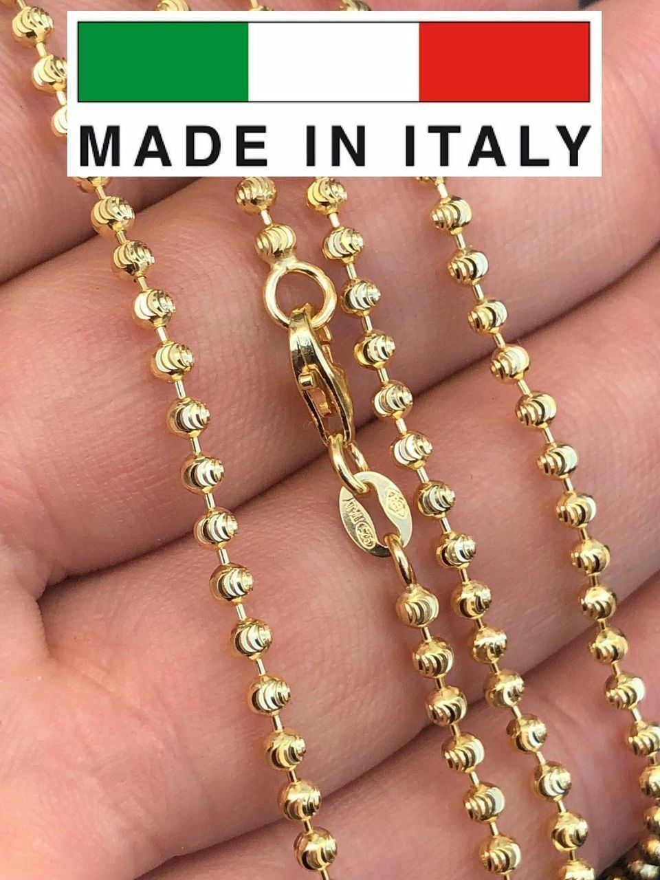 14K Gold Plated Solid 925 Silver Ball Moon Diamond Cut Chain MADE IN ITALY 2.5mm