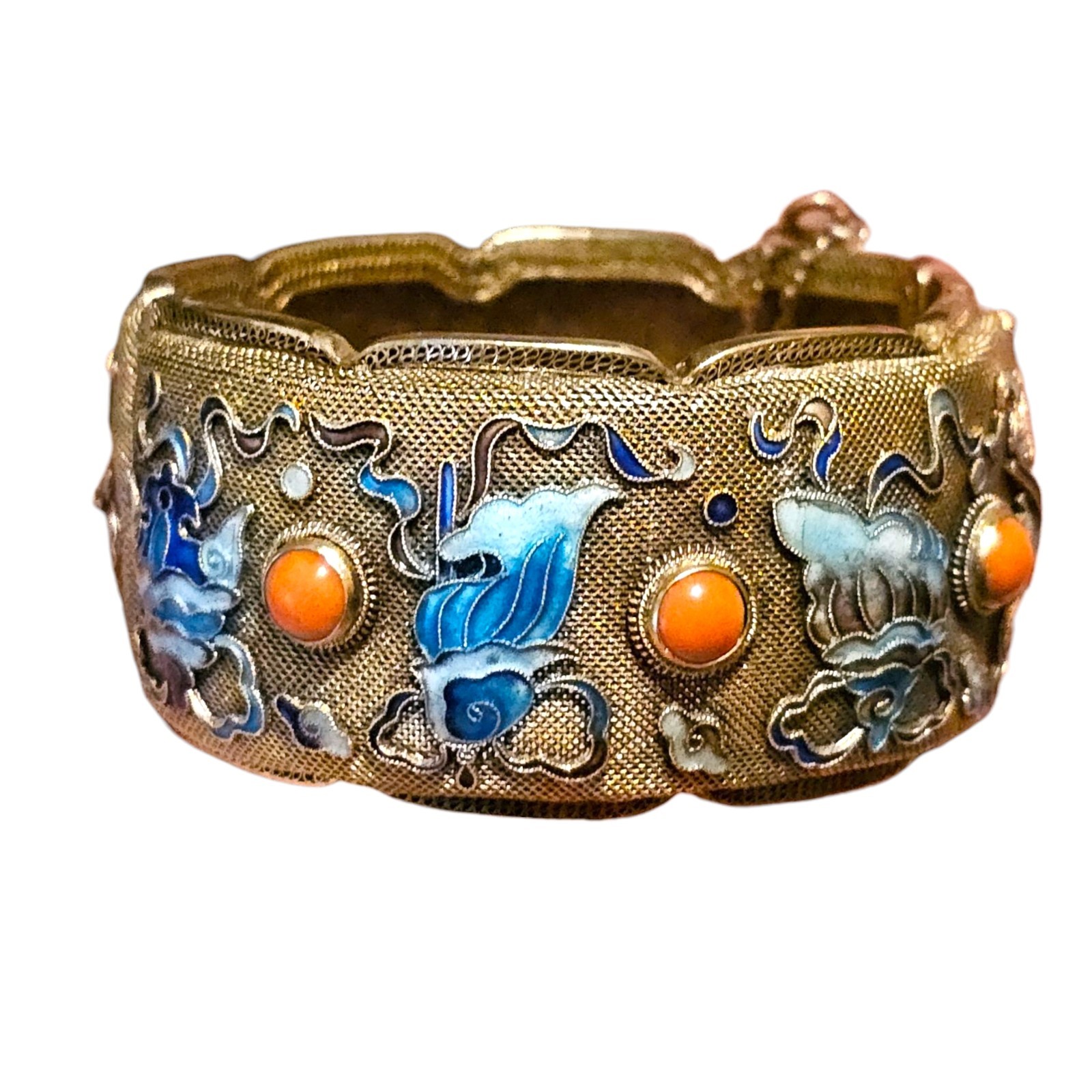 Vintage Chinese Export Bracelet Enamel Gilded Silver Mesh Filigree Coral