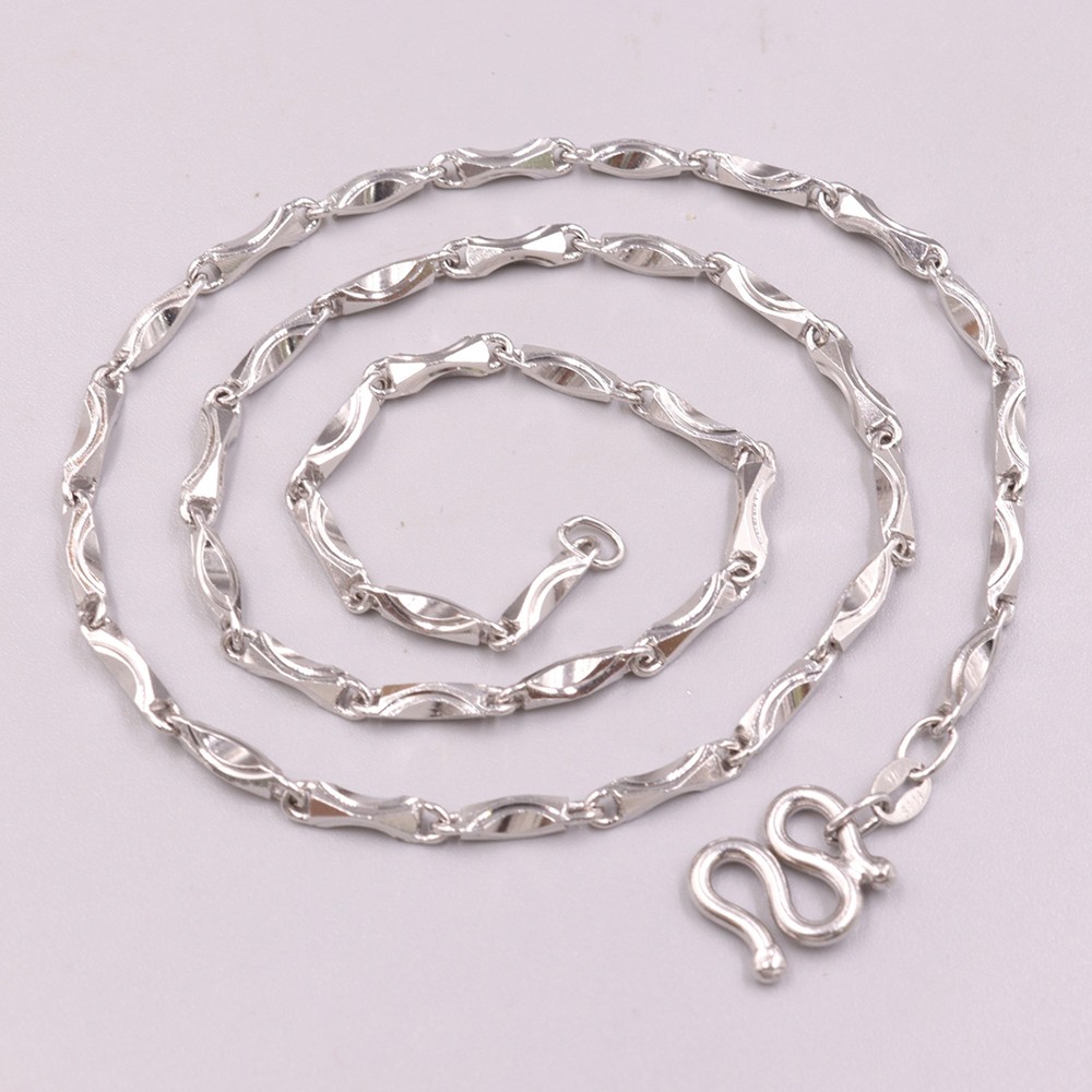 Pure S925 Sterling Silver Chain 3mm Lucky Yuanbao Link Necklace 17-18g 17.9inch