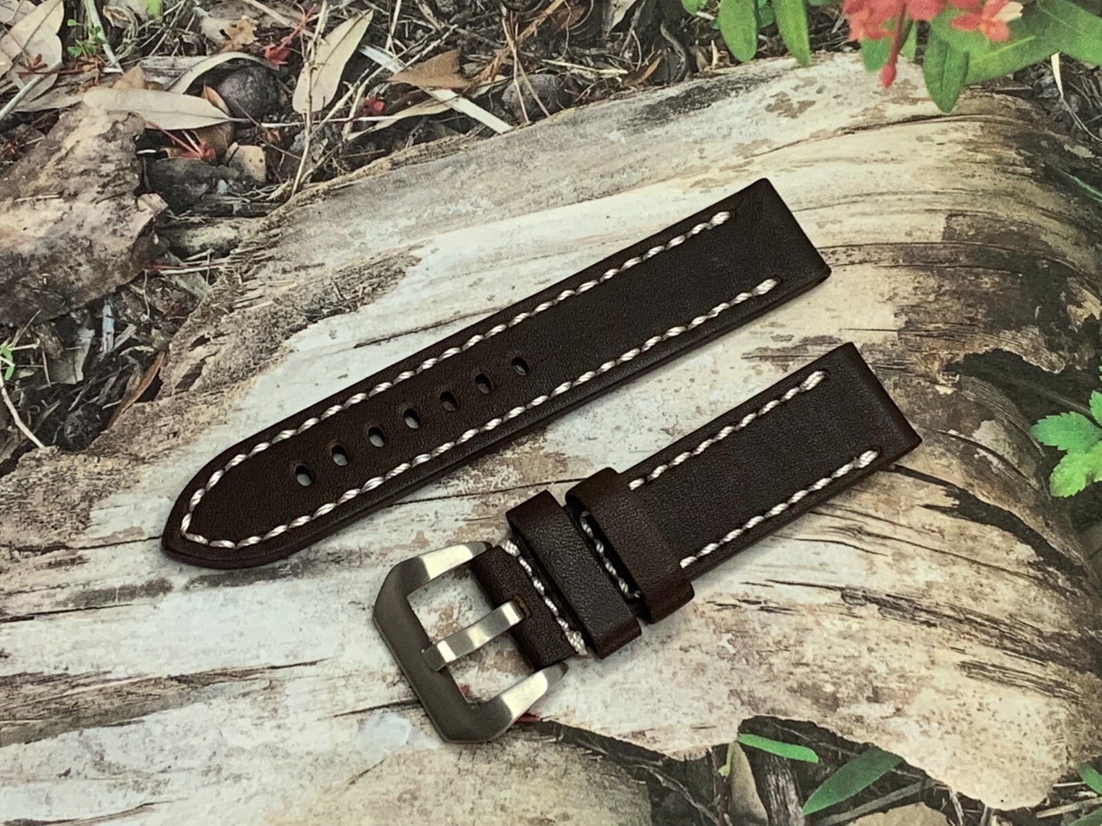 22 mm Dark Brown Handmade Thick Leather Watch Band Silver Brushed Pre-V Buckle
