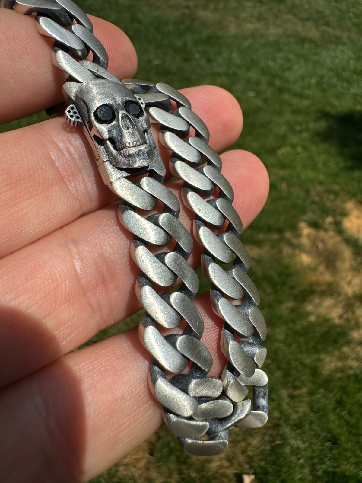 Custom Skull Lock Miami Cuban Link Bracelet 12mm Real 925 Silver Oxidized Finish