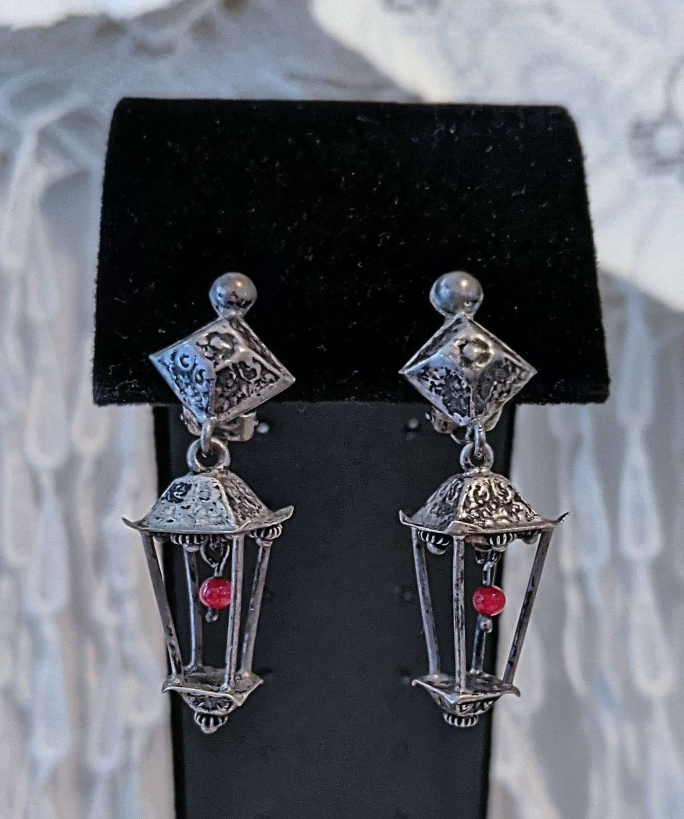 Vintage Artisan 3 D Lantern Dangle Earrings Clip-on Acid Tested For Silver
