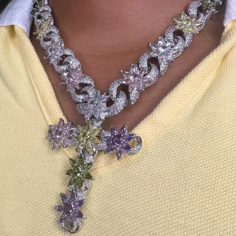 Iced Out Necklace Baguette CZ Cuban Zirconia Cross Charms