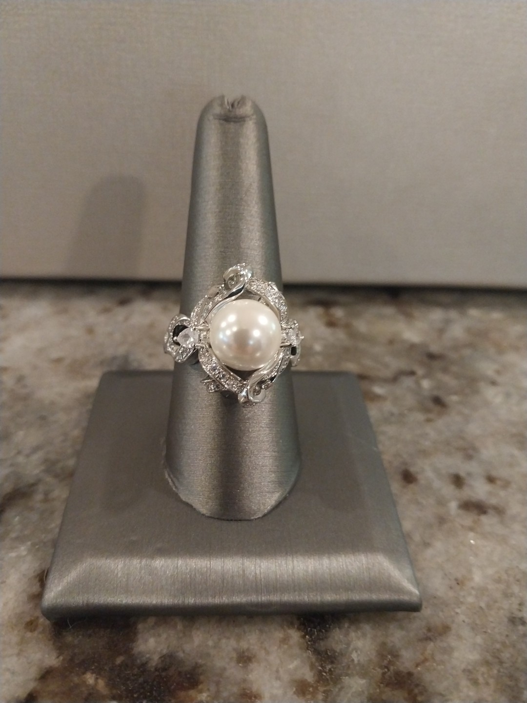 White Shell Pearl, Simulated Diamond Ring in Silvertone (Size 9.0) 1.10 ctw
