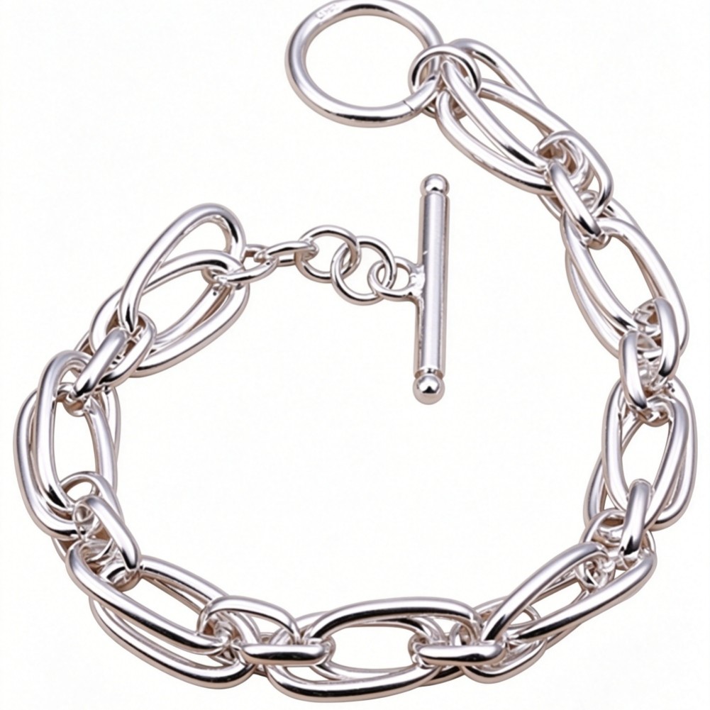 Silvery Two-Layered Oval Link Toggle Bracelet Minimalist Chunky Chain Bangle