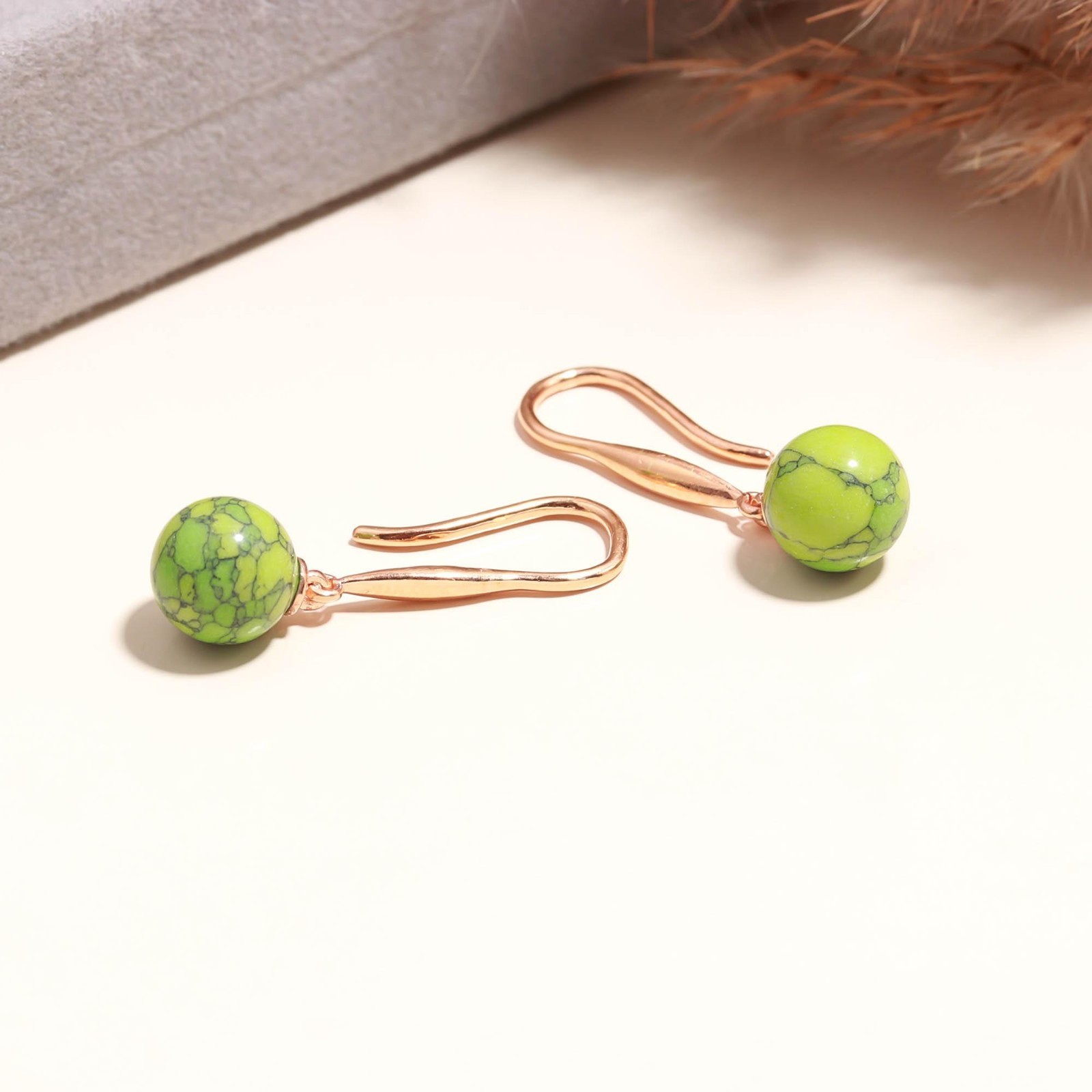Natural Green Jasper Ball Dangle Earrings Rose Gold Plated Solid Silver Jewelry