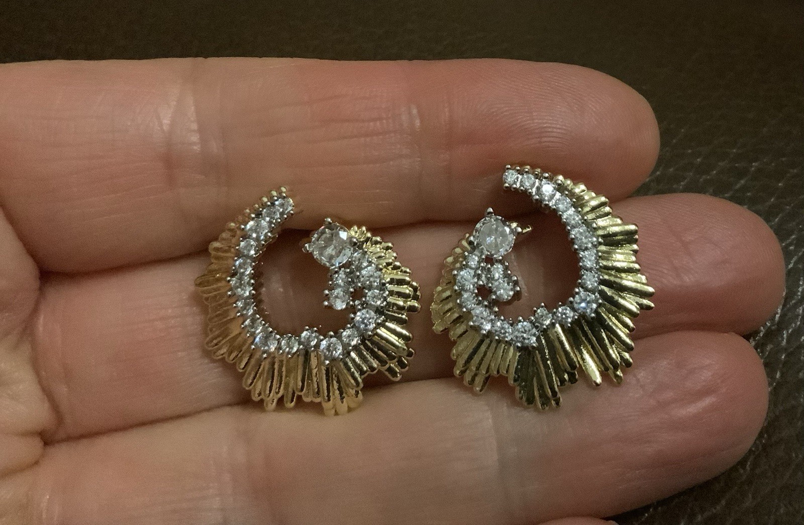 Art Deco Hoop Earrings Gold Molten Sunburst Fan Ribbed Textured Pave Abstract